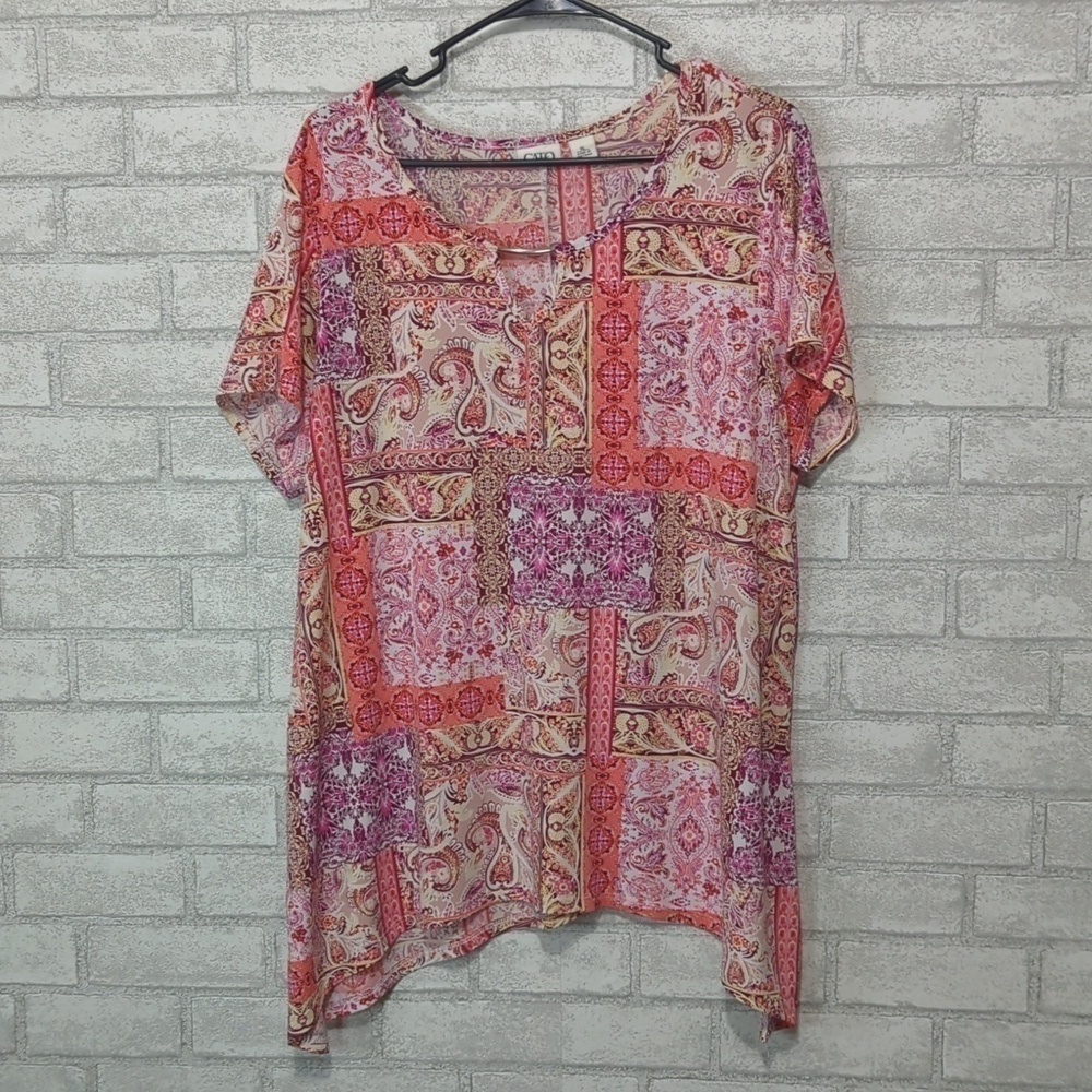 🍉 Cato Paisley Abstract Print Keyhole Curved Hem Blouse Size XL